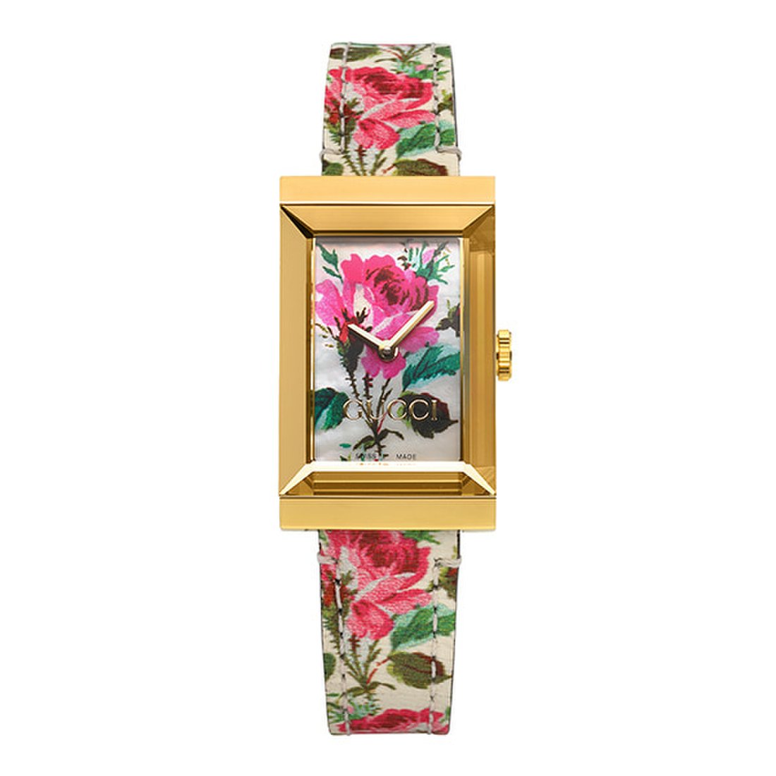 Gucci G-Frame Floral Ivory Dial White Leather Strap Watch For Women - YA147406