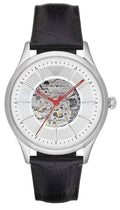 Emporio Armani Meccanico Skeleton Silver Dial Black Leather Strap Watch For Men - AR2072