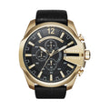 Diesel Mega Chief Gold & Black Dial Black Leather Strap Watch For Men - DZ4344