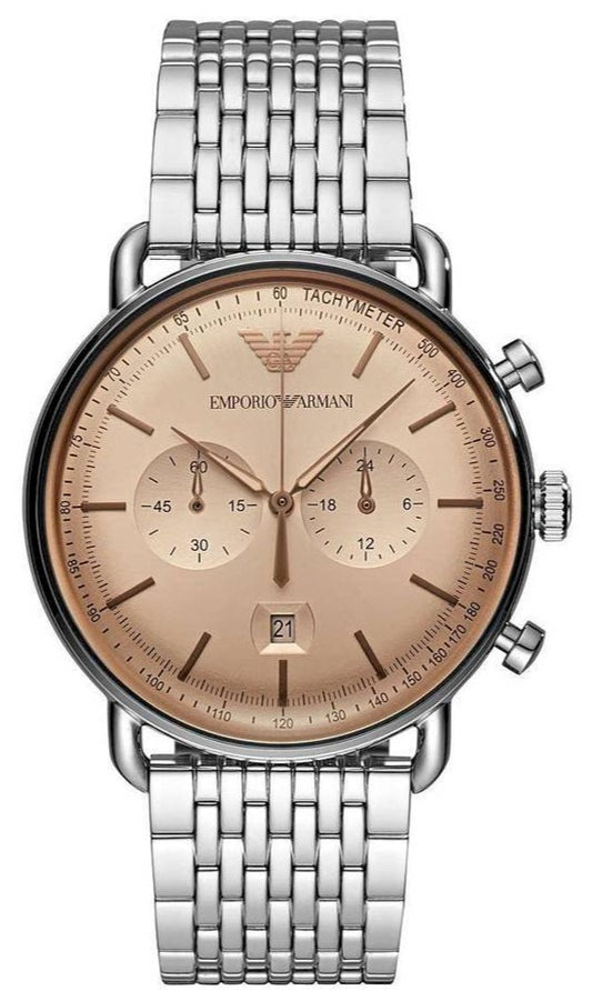 Emporio Armani Aviator Chronograph Beige Dial Silver Stainless Steel Strap Watch For Men - AR11239