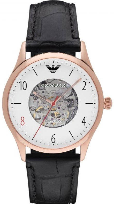 Emporio Armani Meccanico Skeleton White Dial Black Leather Strap Watch For Men - AR1924