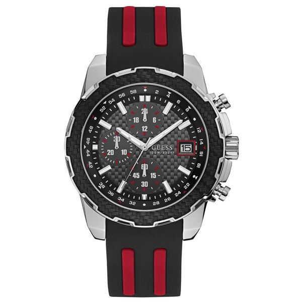 Guess Chronograph Quartz Black Dial Red & Black Silicone Strap Watch For Men - W1047G1