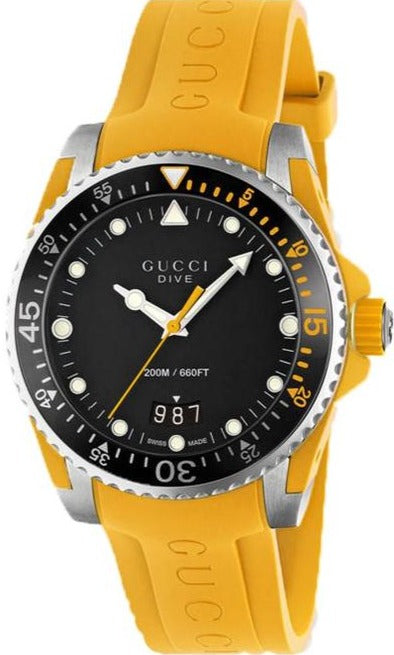 Gucci Dive Quartz Black Dial Yellow Rubber Strap Watch For Men - YA136319