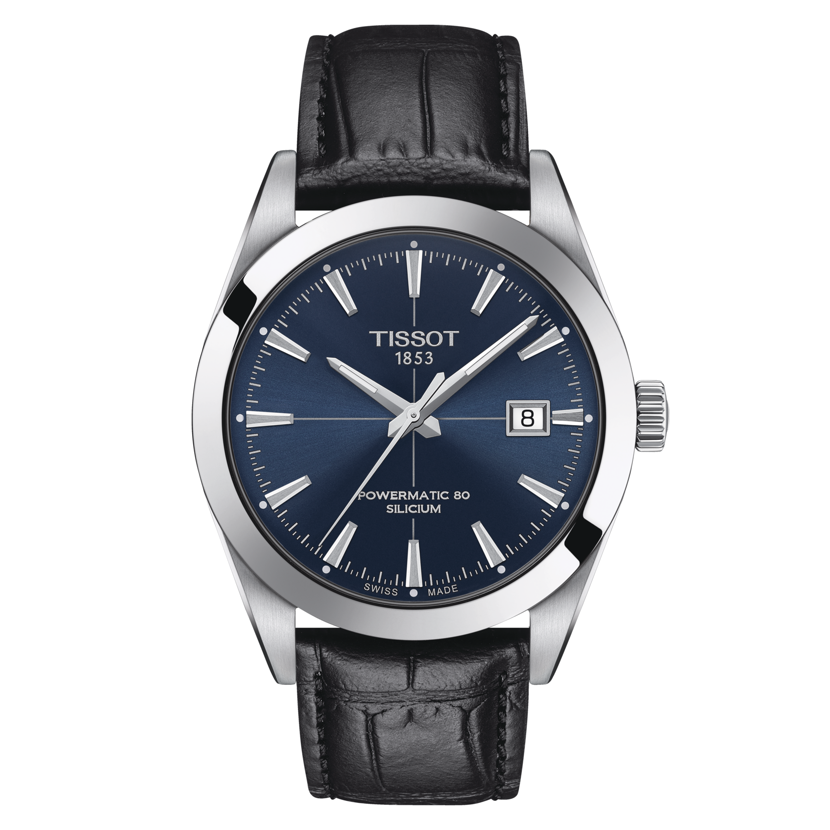 Tissot Gentleman Powermatic 80 Silicium Blue Dial Black Leather Strap Watch For Men - T127.407.16.041.01