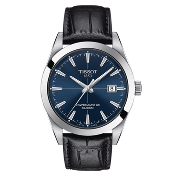 Tissot Gentleman Powermatic 80 Silicium Blue Dial Black Leather Strap Watch For Men - T127.407.16.041.01