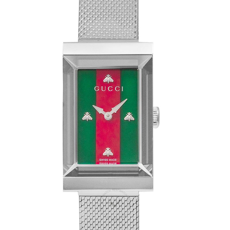 Gucci G Frame Red and Green Dial Silver Mesh Bracelet Watch For Women - YA147401