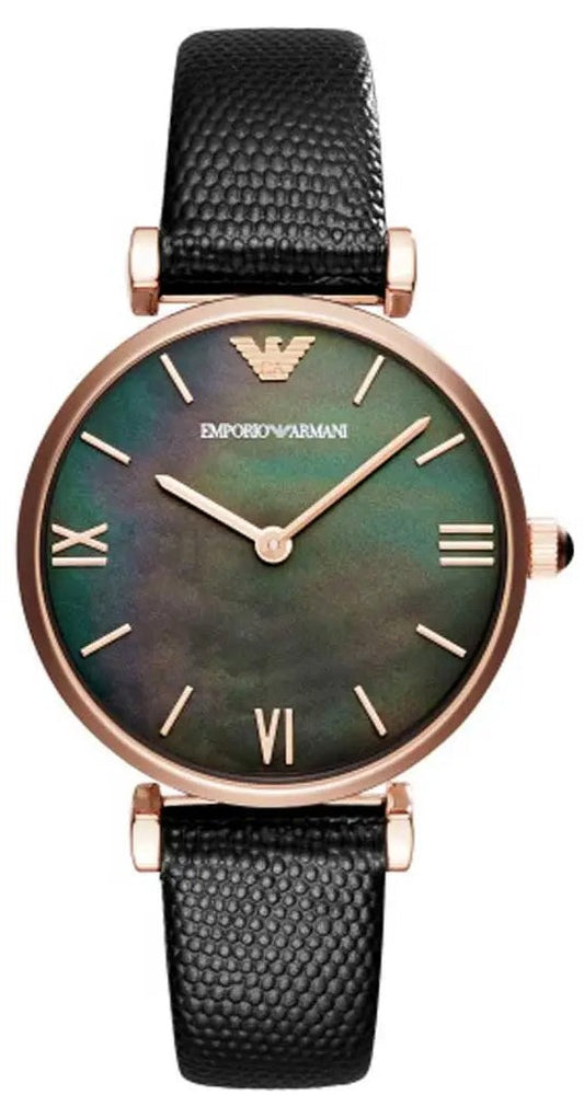 Emporio Armani Gianni T Bar Black Mother of Pearl Dial Black Leather Strap Watch For Women - AR11060