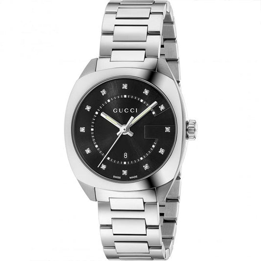 Gucci GG2570 Quartz Diamonds Black Dial Silver Steel Strap Watch For Women - YA142404