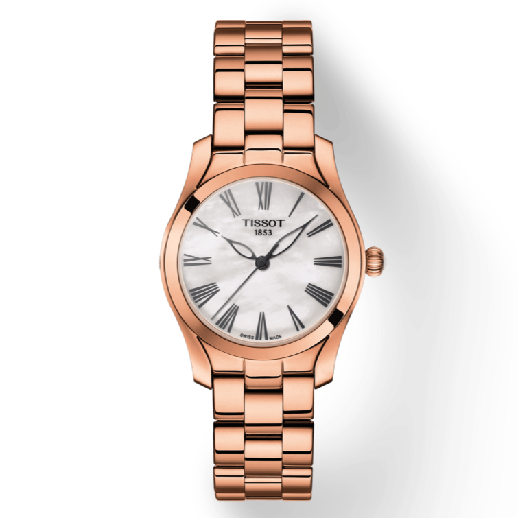 Tissot T Wave Mother of Pearl Dial Rose Gold Steel Strap Watch For Women - T112.210.33.113.00