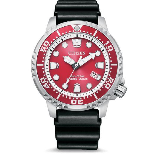 Citizen Eco Drive Promaster Marine Red Dial Black Rubber Strap Watch For Men - BN0159-15X