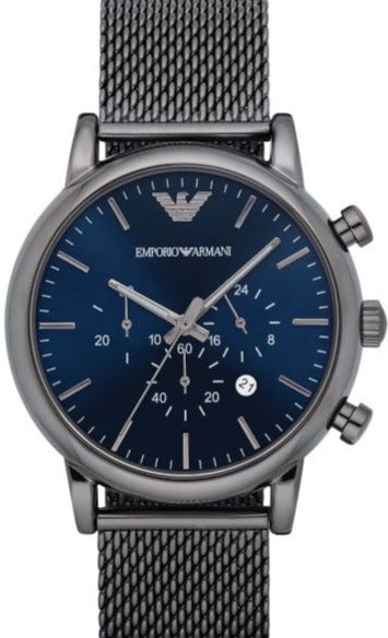 Emporio Armani Chronograph Blue Dial Gun Metallic Mesh Bracelet Watch For Men - AR1979