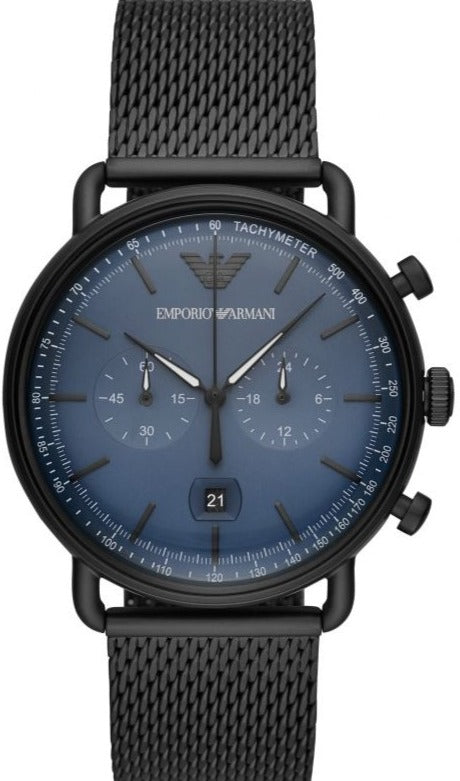 Emporio Armani Aviator Chronograph Blue Dial Black Mesh Bracelet Watch For Men - AR11201