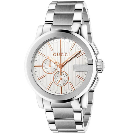 Gucci G Chrono Chronograph Quartz White Dial Silver Steel Strap Watch For Men - YA101201