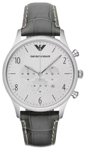 Emporio Armani Classic Chronograph Silver Dial Grey Leather Strap Watch For Men - AR1861