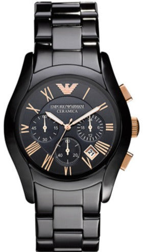 Emporio Armani Valente Ceramica Chronograph Black Dial Black Steel Strap Watch For Men - AR1410