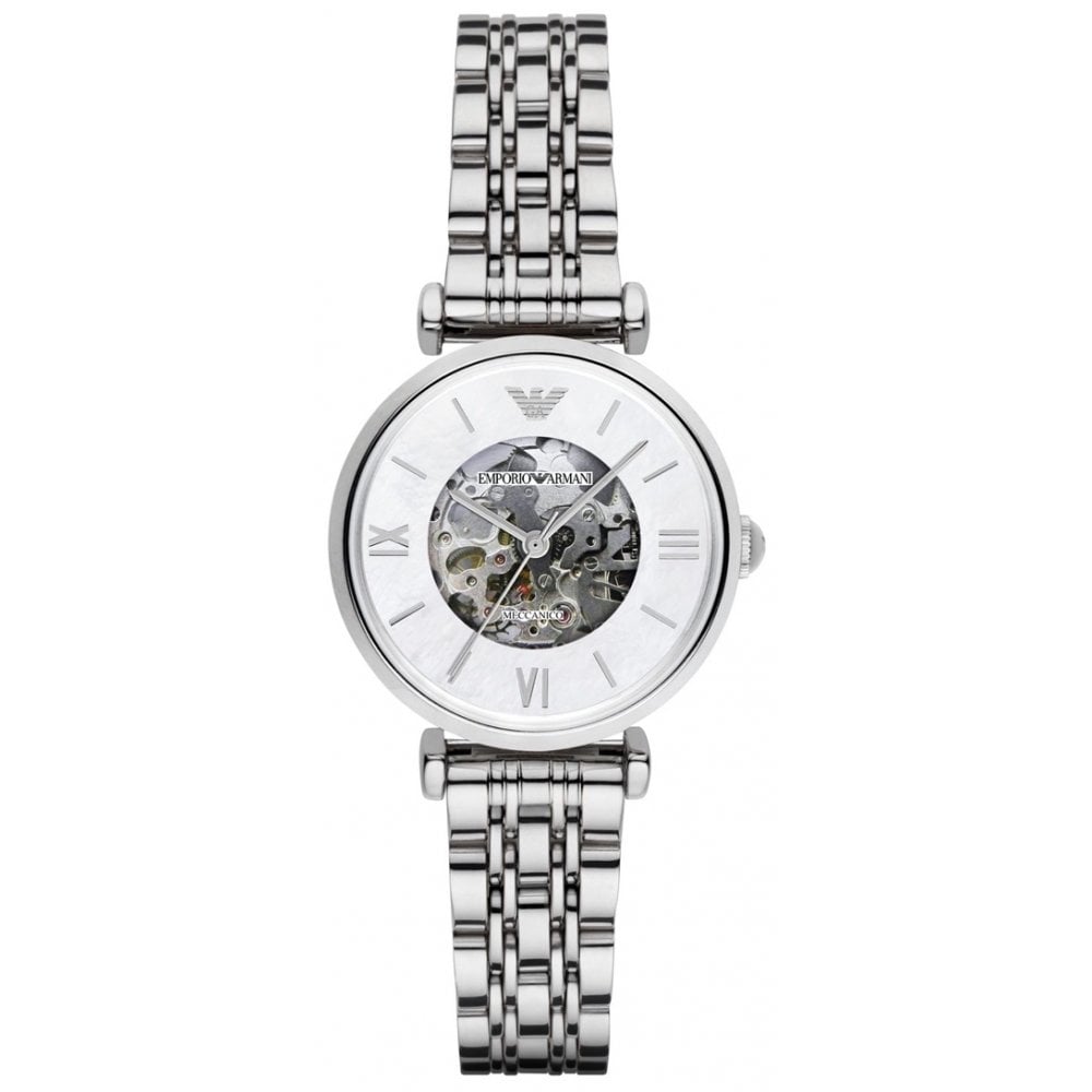 Emporio Armani Meccanico Mother of Pearl Dial Silver Steel Strap Watch For Women - AR1991