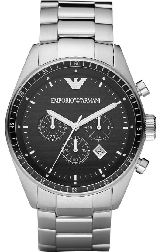 Emporio Armani Sportivo Chronograph Black Dial Silver Steel Strap Watch For Men - AR0585