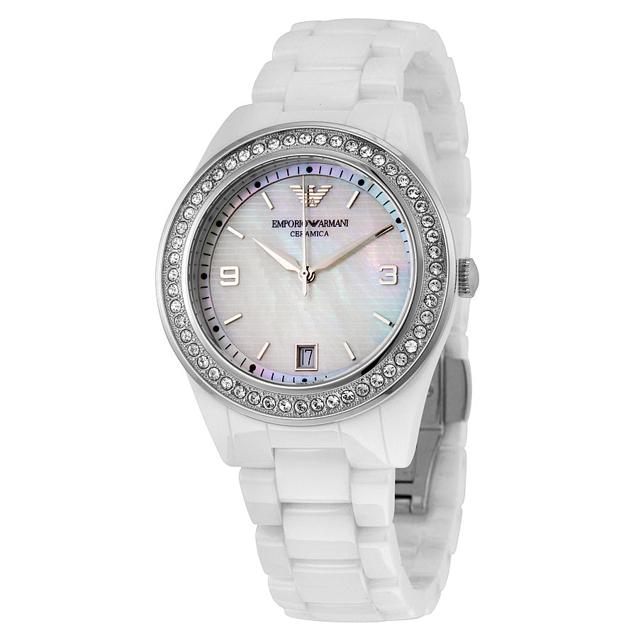 Emporio Armani Ceramica Mother of Pearl White Dial White Steel Strap Watch For Women - AR1426