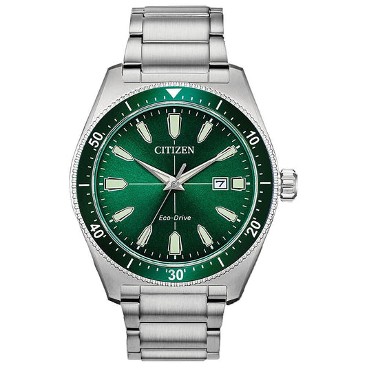 Citizen Eco Drive Vintage Green Dial Silver Stainless Steel Watch For Men - AW1598-70X