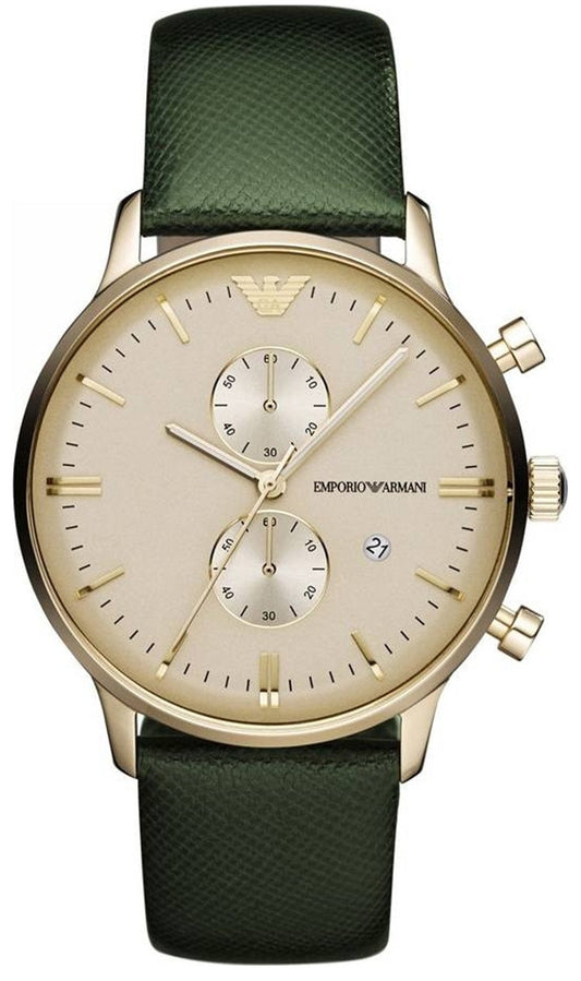 Emporio Armani Gianni Chronograph Champagne Dial Green Leather Strap Watch For Men - AR1722