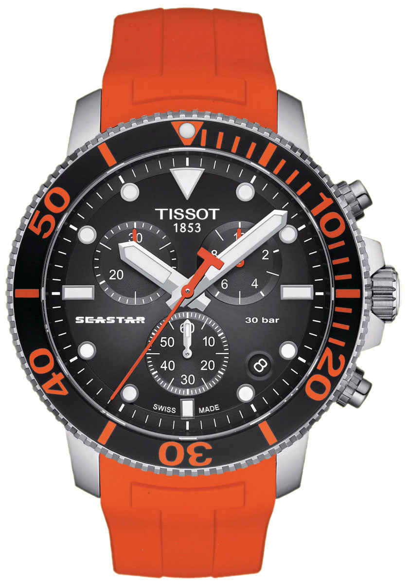 Tissot Seaster 1000 Chronograph Black Dial Orange Rubber Strap Watch For Men - T120.417.17.051.01