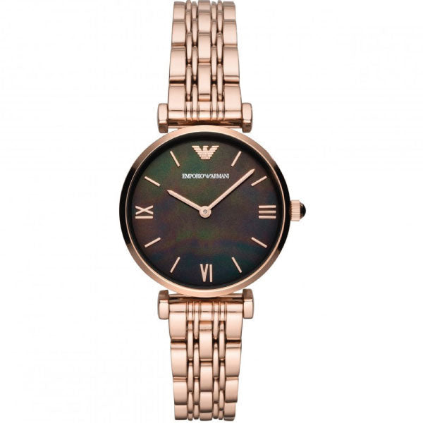 Emporio Armani Gianni T-Bar Mother of Pearl Black Dial Rose Gold Steel Strap Watch For Women - AR11145