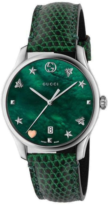 Gucci G-Timeless Quartz Mother of Pearl Green Dial Green Leather Strap Watch For Women - YA1264042