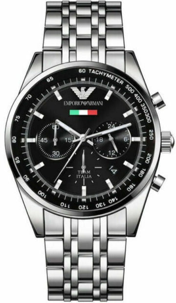 Emporio Armani Tazio Chronograph Team Italia Black Dial Silver Steel Strap Watch For Men - AR5983