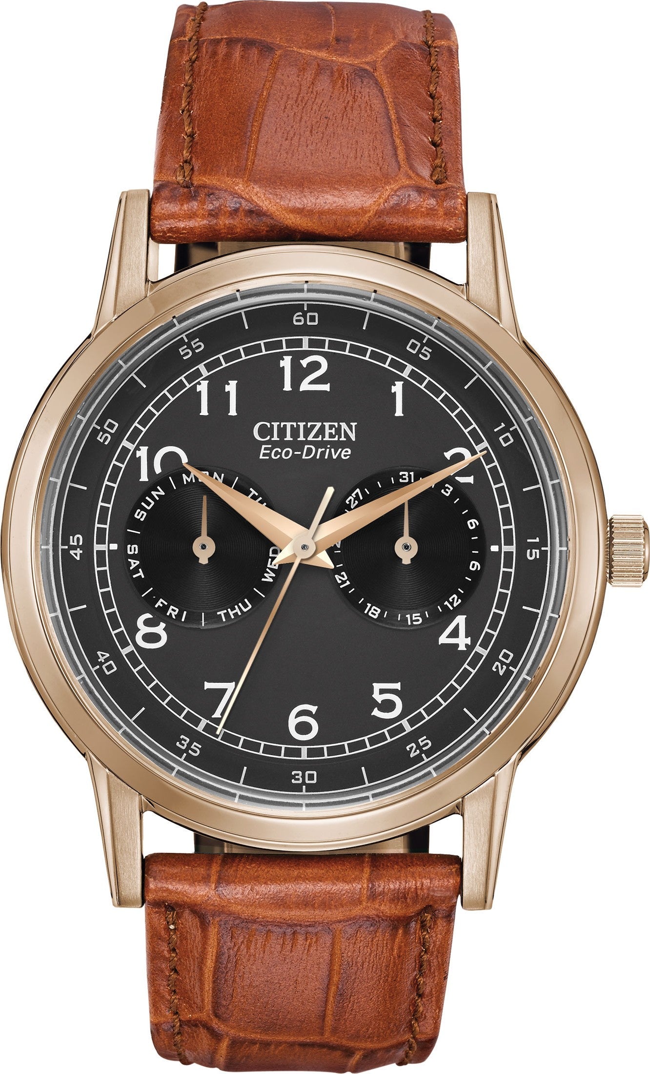 Citizen Eco-Drive Multi Function Day & Date Black Dial Brown Leather Strap Watch For Men - AO9003-08E