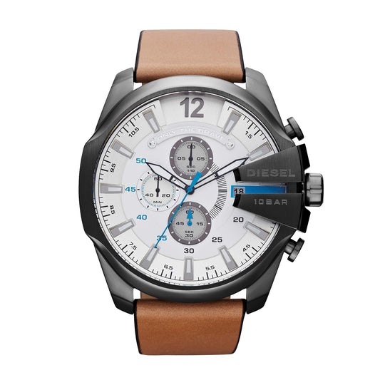 Diesel Mega Chief White Dial Brown Leather Strap Watch For Men - DZ4280