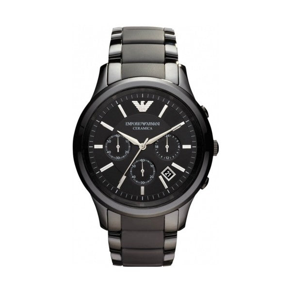 Emporio Armani Ceramica Chronograph Black Dial Black Steel Strap Watch For Men - AR1452