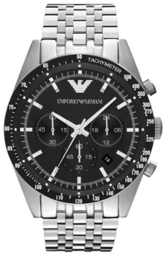 Emporio Armani Tazio Chronograph Black Dial Silver Steel Strap Watch For Men - AR5988