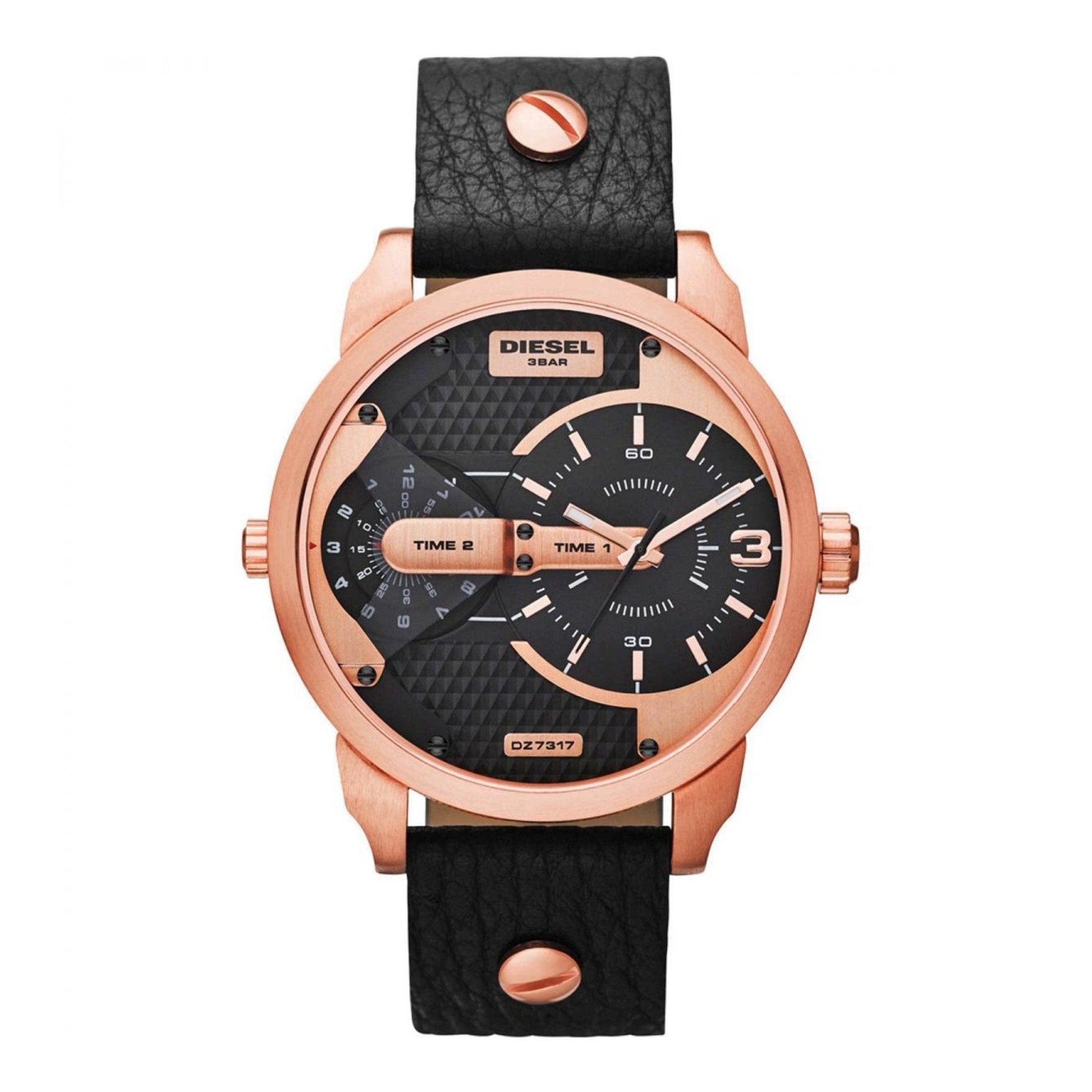 Diesel Mini Daddy Dual Time Black & Gold Dial Black Leather Strap Watch For Men - DZ7317