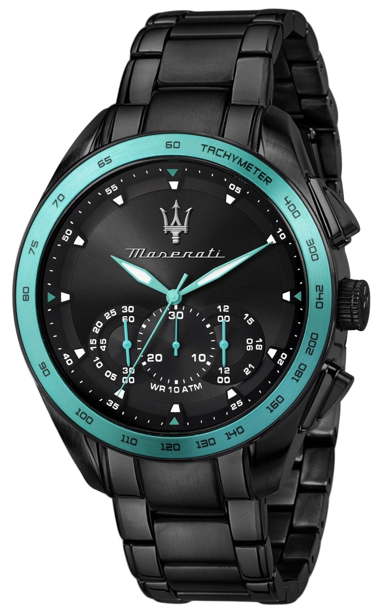 Maserati Traguardo Chronograph Aqua Edition Black Dial Black Steel Strap Watch For Men - R8873644002