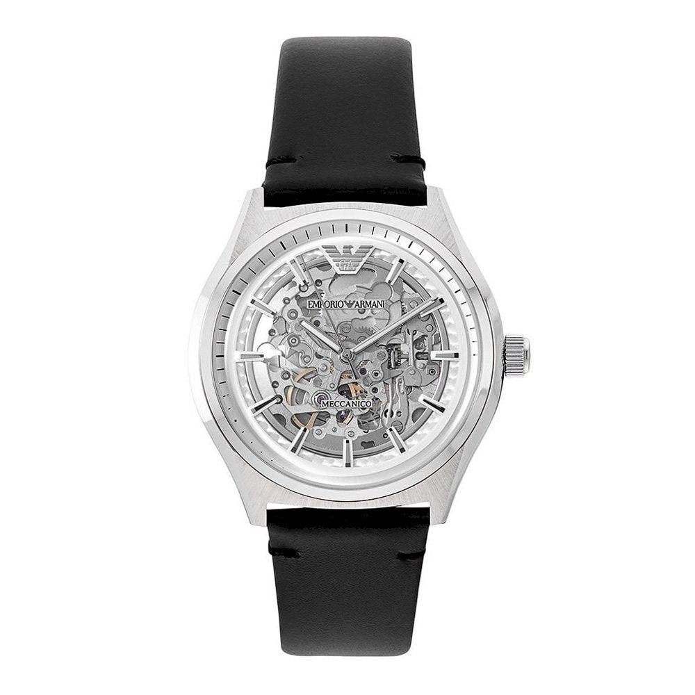 Emporio Armani Meccanico Skeleton Silver Dial Black Leather Strap Watch For Men - AR60003