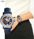 Fossil Boyfriend Skeleton Silver Dial Blue Leather Strap Watch for Women - ME3136