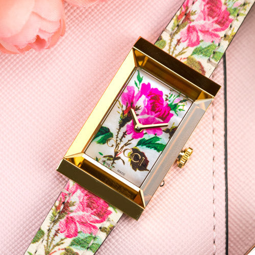 Gucci G-Frame Floral Ivory Dial White Leather Strap Watch For Women - YA147406