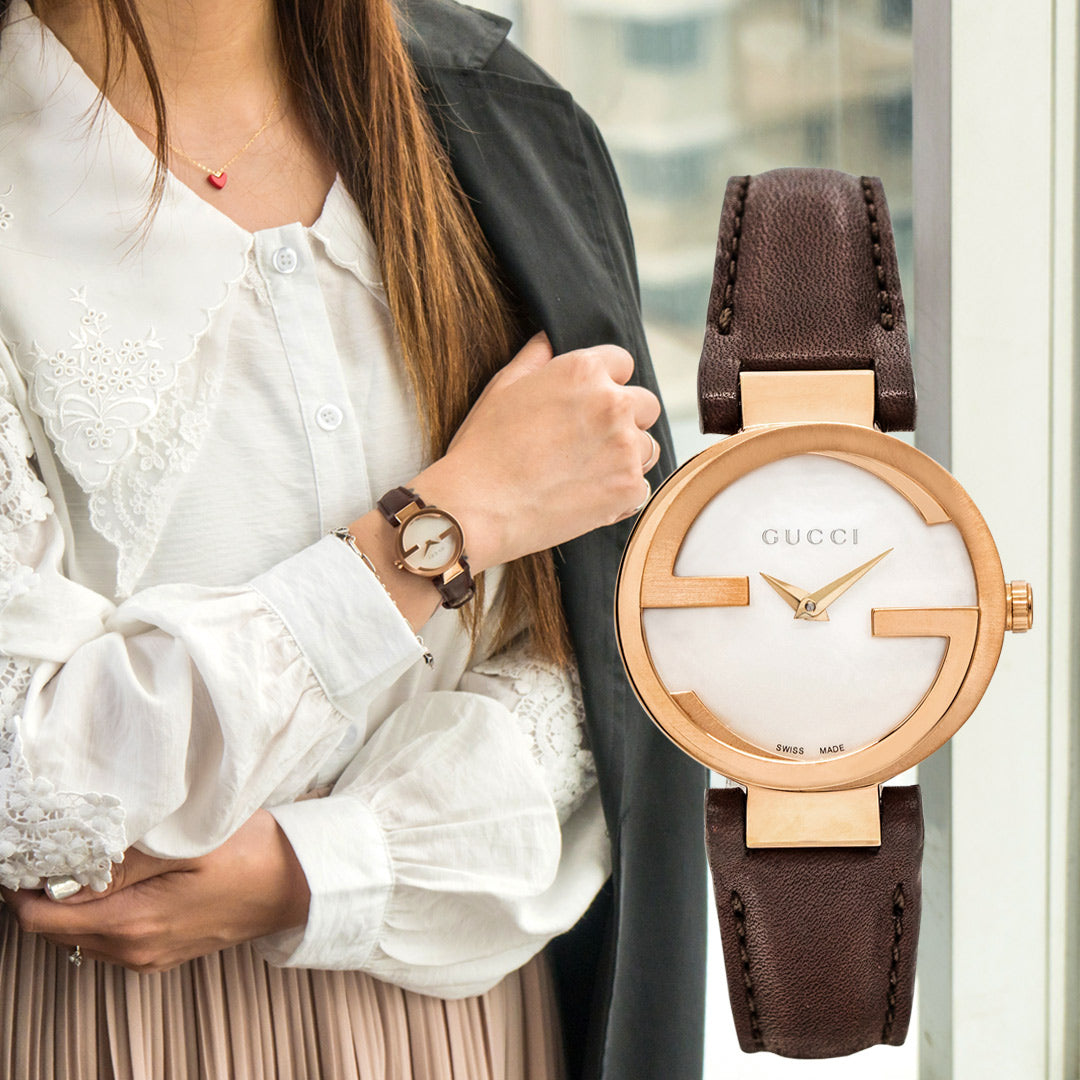 Gucci Interlocking Mother of Pearl Dial Brown Leather Strap Watch For Women - YA133516