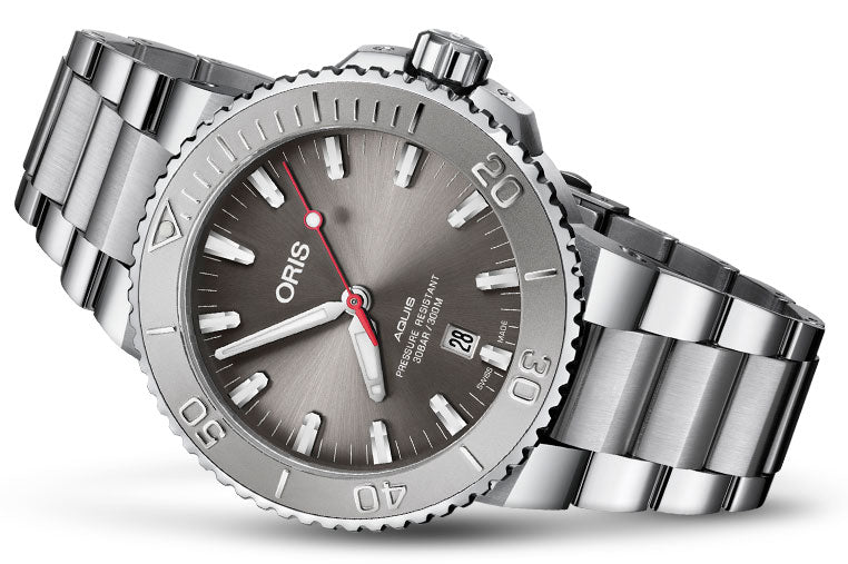 Oris Aquis Date Relief Grey Dial Silver Steel Strap Watch for Men - 0173377304153-0782405PEB