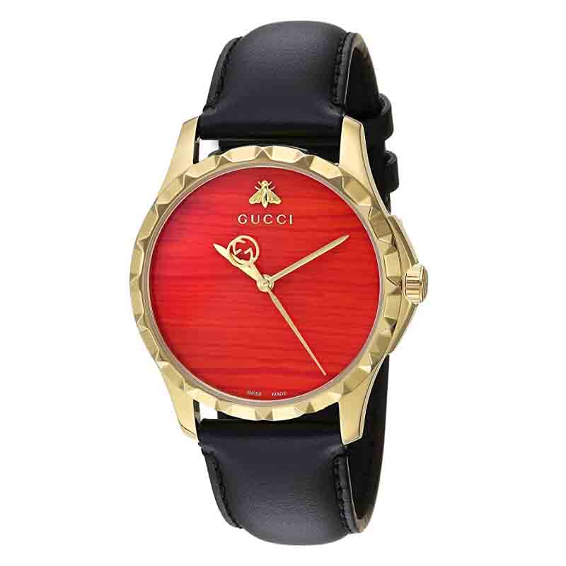 Gucci G Timeless Quartz Red Dial Black Leather Strap Watch For Men - YA126464