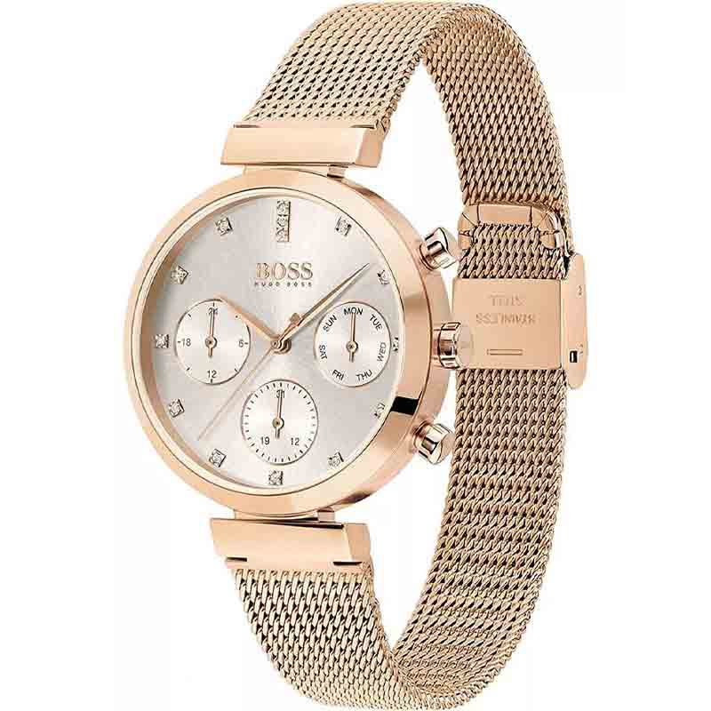 Hugo Boss Flawless Chronograph Silver Dial Gold Mesh Bracelet Watch for Women - 1502553