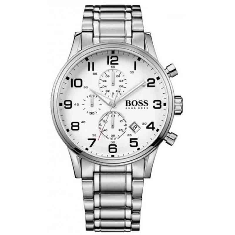 Hugo Boss Aeroliner Chronograph White Dial Silver Steel Strap Watch for Men - 1513182