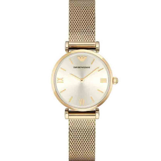 Emporio Armani Retro Silver Dial Gold Mesh Bracelet Watch For Women - AR1957