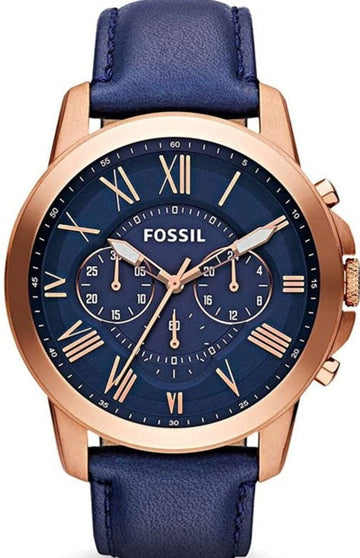 Fossil Grant Chronograph Blue Dial Blue Leather Strap Watch for Men - FS4835