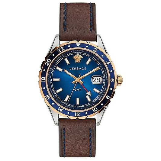 Versace Hellenyium GMT Blue Dial Brown Leather Strap Watch for Men - V11080017