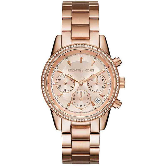 Michael Kors Ritz Chronograph Rose Gold Dial Rose Gold Steel Strap Watch for Women - MK6077