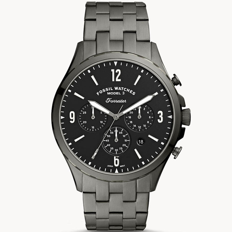 Fossil Forrester Chronograph Black Dial Grey Steel Strap Watch for Men - FS5606