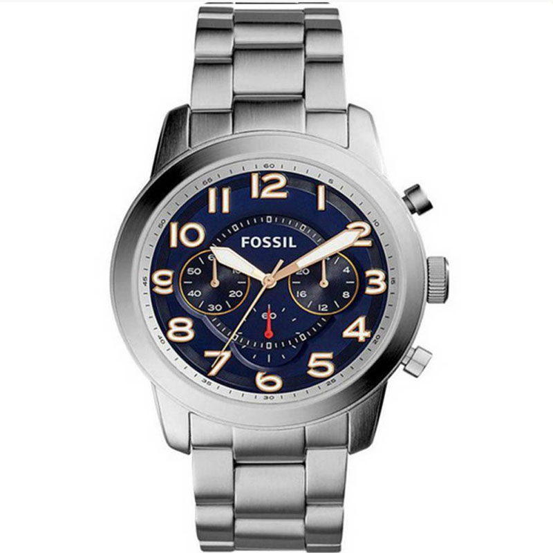 Fossil Pilot 54 Chronograph Navy Blue Dial Silver Steel Strap Watch for Men - FS5203