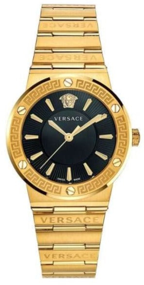 Versace Greca Black Dial Gold Steel Strap Watch for Women - VEVH00820