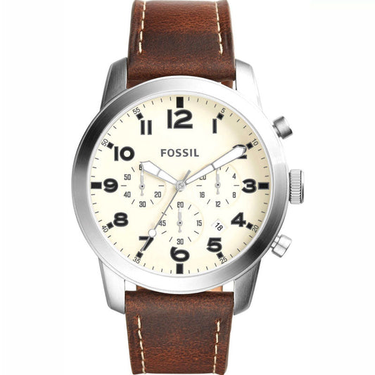 Fossil Pilot Chronograph White Dial Brown Leather Strap Watch for Men - FS5146